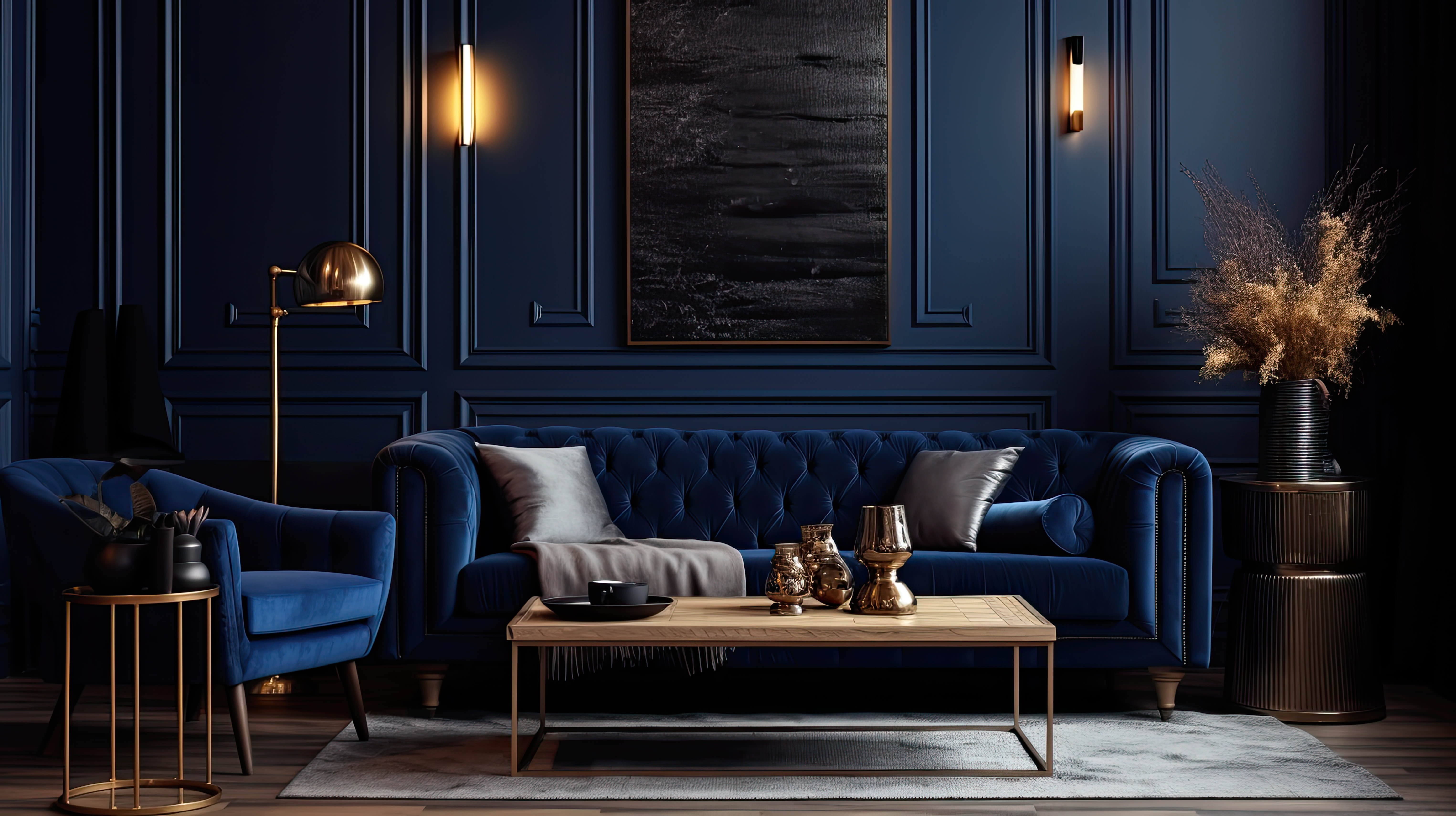 Modern luxury living room with blue tufted sofa, gold accents, and dark paneled walls